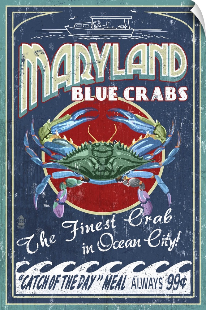 Retro stylized art poster of seafood market sign displaying blue crab.