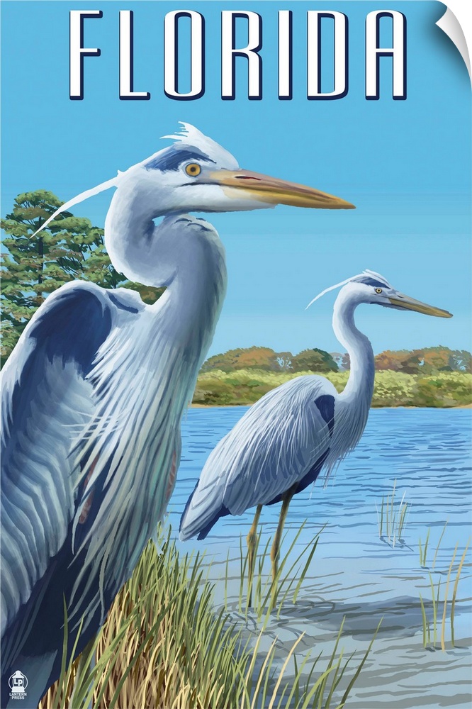 Retro stylized art poster of two blue herons standing at the edge of a river.