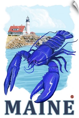 Blue Lobster and Portland Lighthouse - Maine: Retro Travel Poster