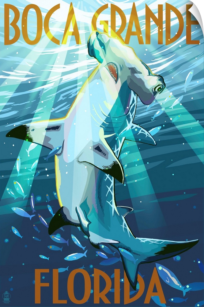 Stylized art poster of a hammerhead shark in the water, with rays of sunlight piercing the water.
