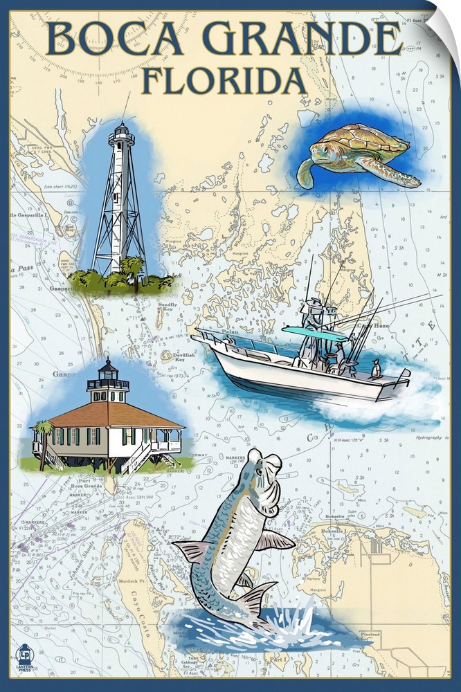 Retro stylized art poster of a two light houses, a fishing boat, sea turtle, and a leaping fish over a map of Florida.