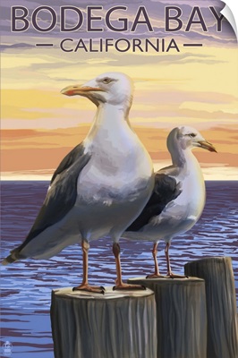 Bodega Bay, California - Seagull: Retro Travel Poster