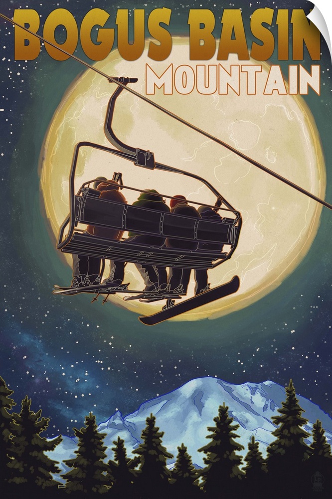 Bogus Basin, Idaho - Ski Lift and Full Moon w/ Snowboarder: Retro Travel Poster
