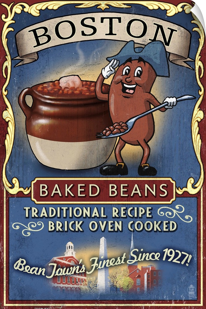 Retro stylized art poster of a vintage sign advertising baked beans.