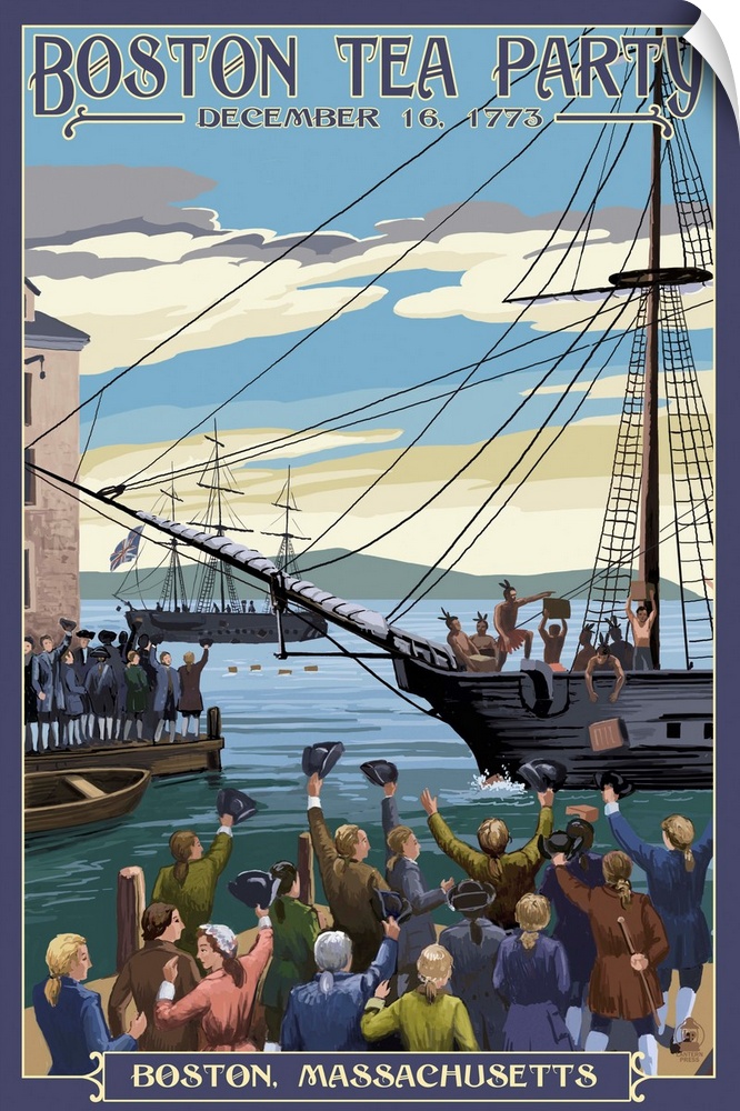 Retro stylized art poster of a ship pulling into a harbor, with crowds of people watching.