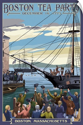 Boston, Massachusetts - Boston Tea Party Scene: Retro Travel Poster