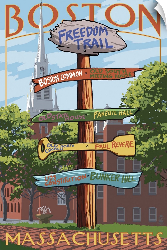 Boston, Massachusetts - Freedom Trail Sign Destinations: Retro Travel Poster