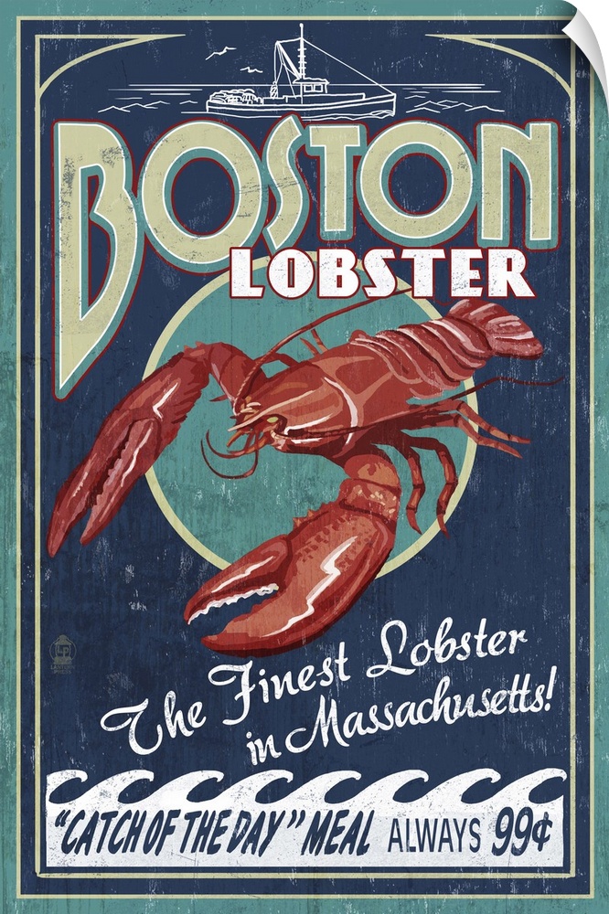 Retro stylized art poster of a vintage seafood market sign displaying a lobster