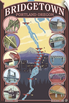Bridges of Portland, Oregon: Retro Travel Poster