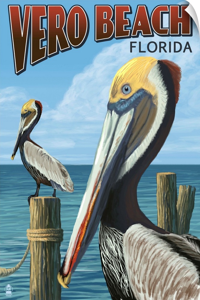 Retro stylized art poster of two sea birds pearched on the edge of a pier.