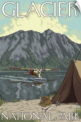 Bush Plane and Fishing - Glacier National Park, MT: Retro Travel Poster