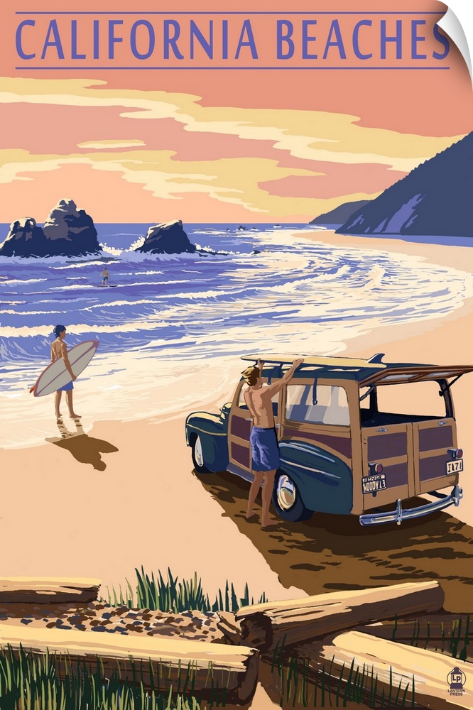 California Beaches - Woody on Beach: Retro Travel Poster