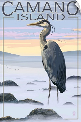 Camano Island, Washington - Blue Heron and Fog: Retro Travel Poster