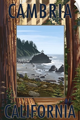 Cambria, California - Redwoods and Coast Scene: Retro Travel Poster