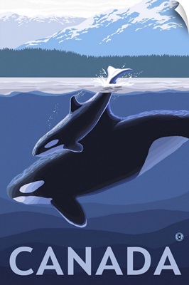 Canada - Orca and Calf: Retro Travel Poster