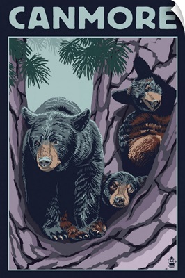Canmore, Alberta, Canada - Black Bear and Cubs: Retro Travel Poster