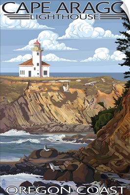 Cape Arago Lighthouse - Oregon Coast: Retro Travel Poster