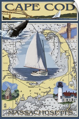 Cape Cod, Massachusetts Chart and Views: Retro Travel Poster