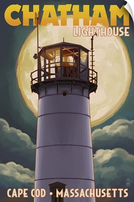 Cape Cod, Massachusetts - Chatham Light and Full Moon: Retro Travel Poster