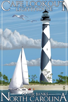 Cape Lookout Lighthouse - Outer Banks, North Carolina: Retro Travel Poster