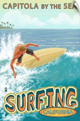Capitola, California - Capitola By the Sea Surfer Scene: Retro Travel Poster