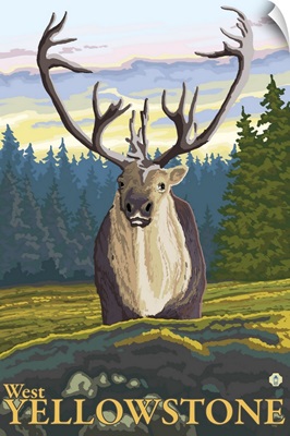 Caribou in the Wild - West Yellowstone, MT: Retro Travel Poster