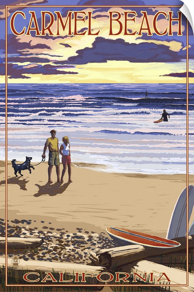 Retro stylized art poster of a couple with dog walking along a beach.