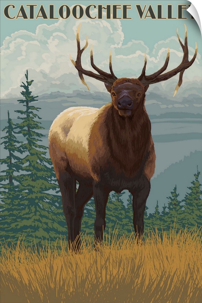 Retro stylized art poster of an elk in the wilderness, gazing deeply at the viewer.