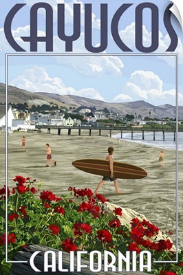 Cayucos, California -  Beach and Pier Scene: Retro Travel Poster