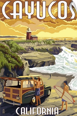 Cayucos, California -  Woody and Lighthouse: Retro Travel Poster