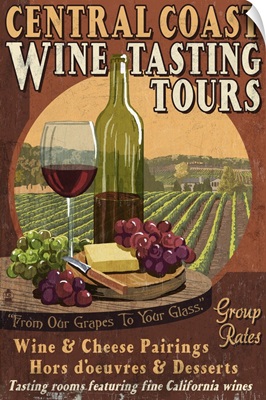 Central Coast, California - Wine Tasting Vintage Sign: Retro Travel Poster