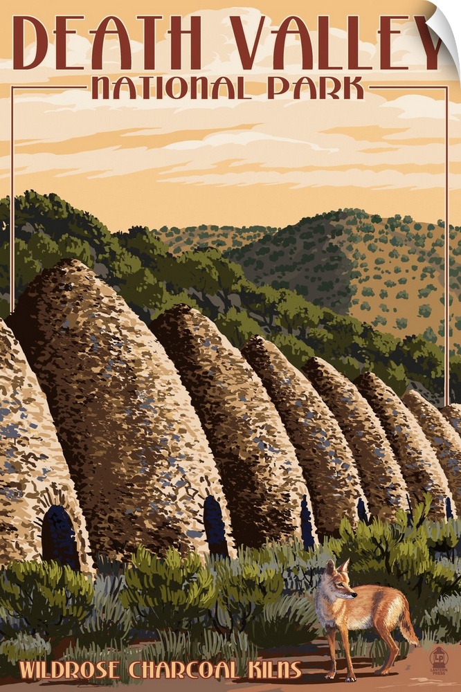 Retro stylized art poster of a coyote walking past dome shaped kilns in the desert.