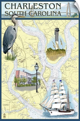 Charleston, South Carolina - Nautical Chart: Retro Travel Poster