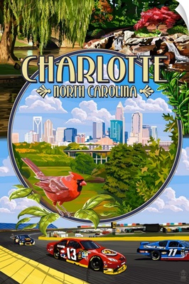 Charlotte, North Carolina - Montage Scenes: Retro Travel Poster