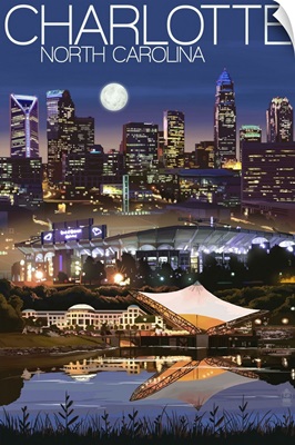Charlotte, North Carolina - Skyline at Night: Retro Travel Poster