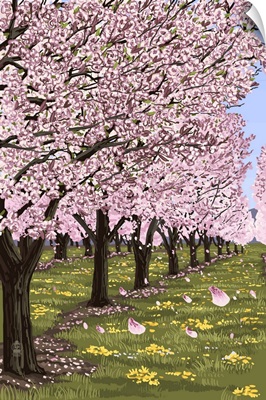 Cherry Orchard Blossoms: Retro Poster Art