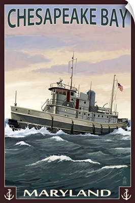 Chesapeake Bay Tugboat Scene: Retro Travel Poster
