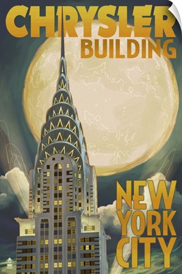 Chrysler Building and Full Moon - New York City, NY: Retro Travel Poster
