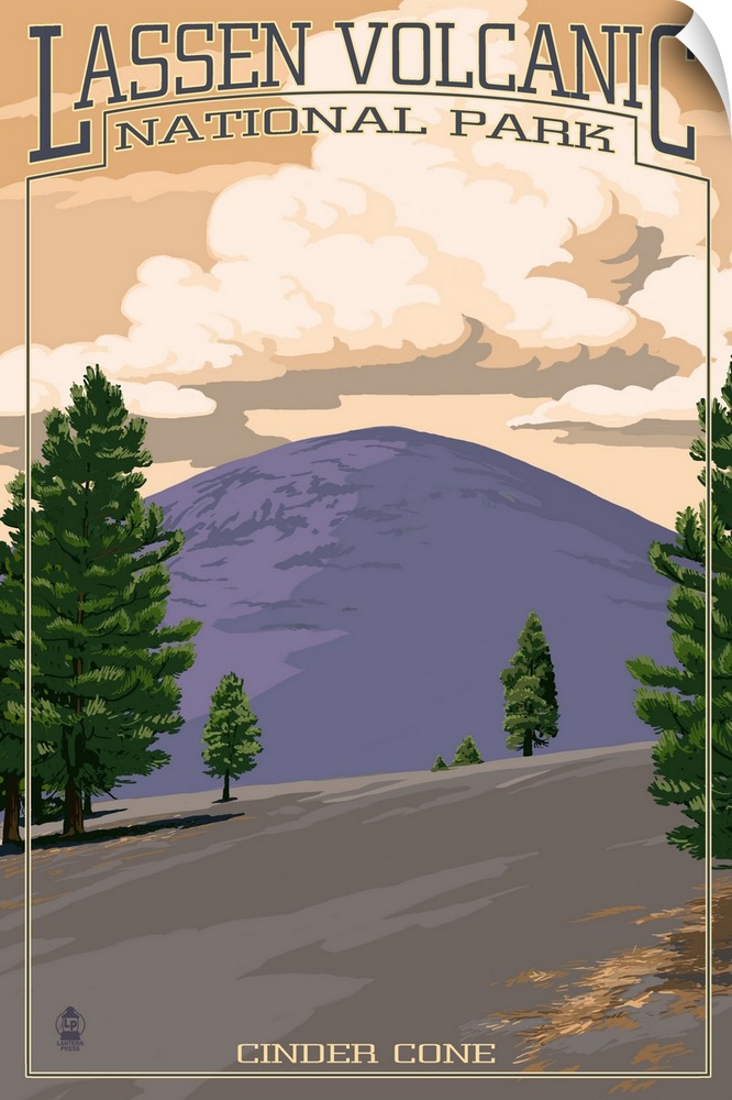 Retro stylized art poster of a volcano peak, with a smooth landscape and spaced out trees.
