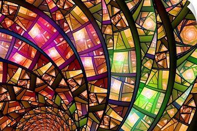 Close Up Of Geometric Stained Glass With Sun Shining Through