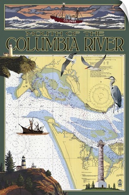 Columbia River Chart and Views: Retro Travel Poster