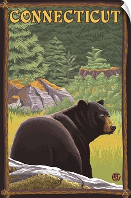 Connecticut - Black Bear in Forest: Retro Travel Poster