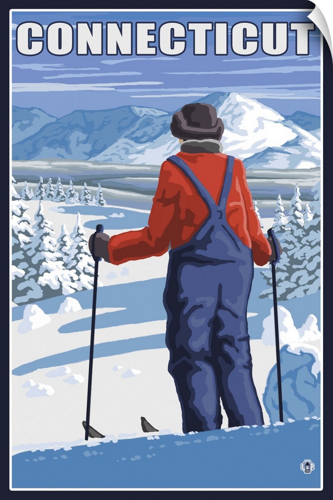 Connecticut - Skier Admiring View: Retro Travel Poster