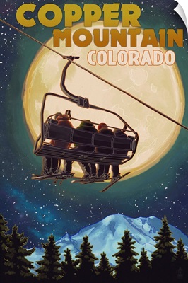 Copper Mountain, Colorado - Ski Lift and Full Moon: Retro Travel Poster