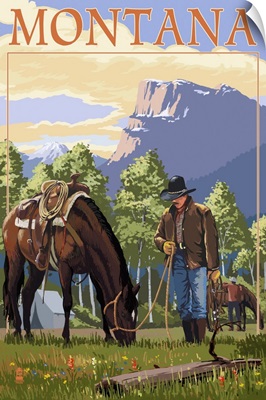 Cowboy and Horse in Spring - Montana: Retro Travel Poster