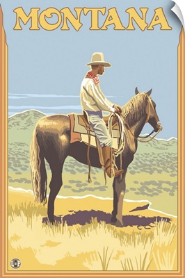 Cowboy on Horseback - Montana: Retro Travel Poster