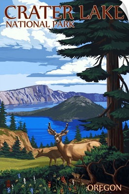 Crater Lake National Park, Oregon - Deer Family: Retro Travel Poster