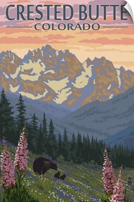 Crested Butte, Colorado - Bears and Spring Flowers: Retro Travel Poster