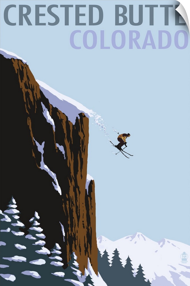 Retro stylized art poster of a skier leaping of a mountain side. With snow trailing behind the skis.