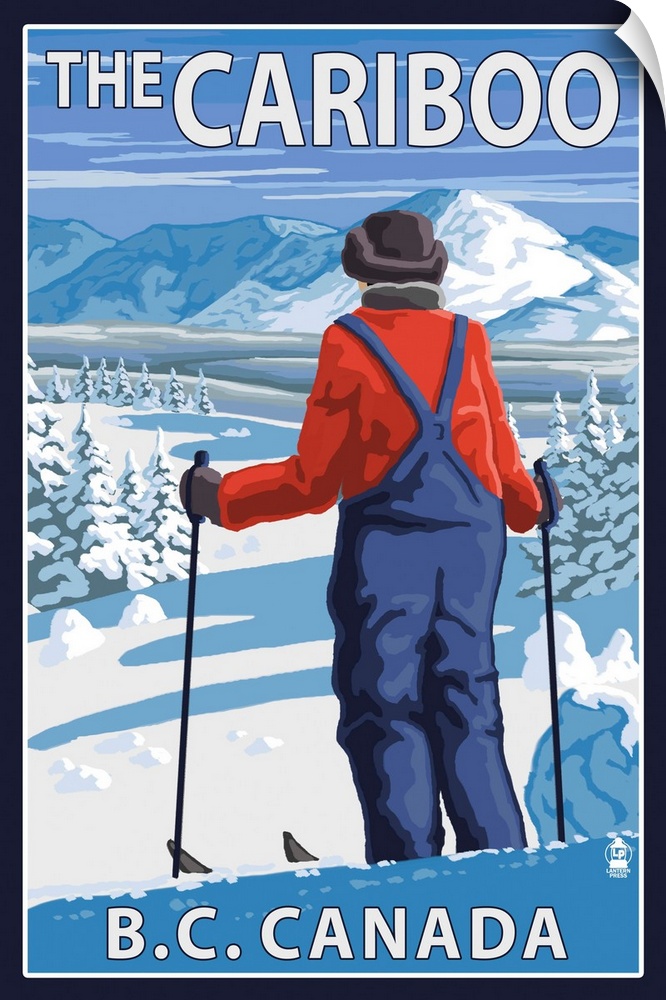 Retro stylized art poster of a skier stopped and gazing out over a snowy mountainous landscape.